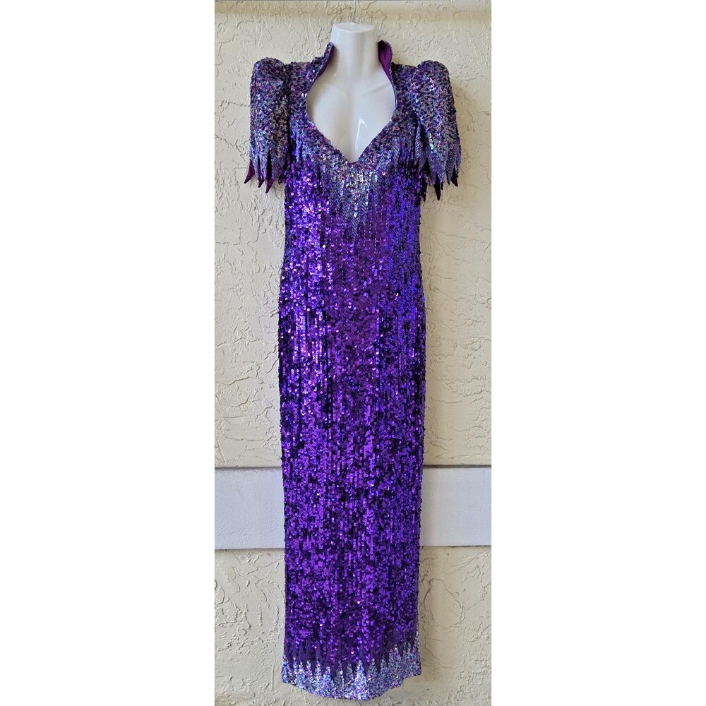 RARE CACHE Vtg 80s Purple Silk Sequin Gown Dress 10 Pageant Dynasty Angel Winged - Picture 2 of 16